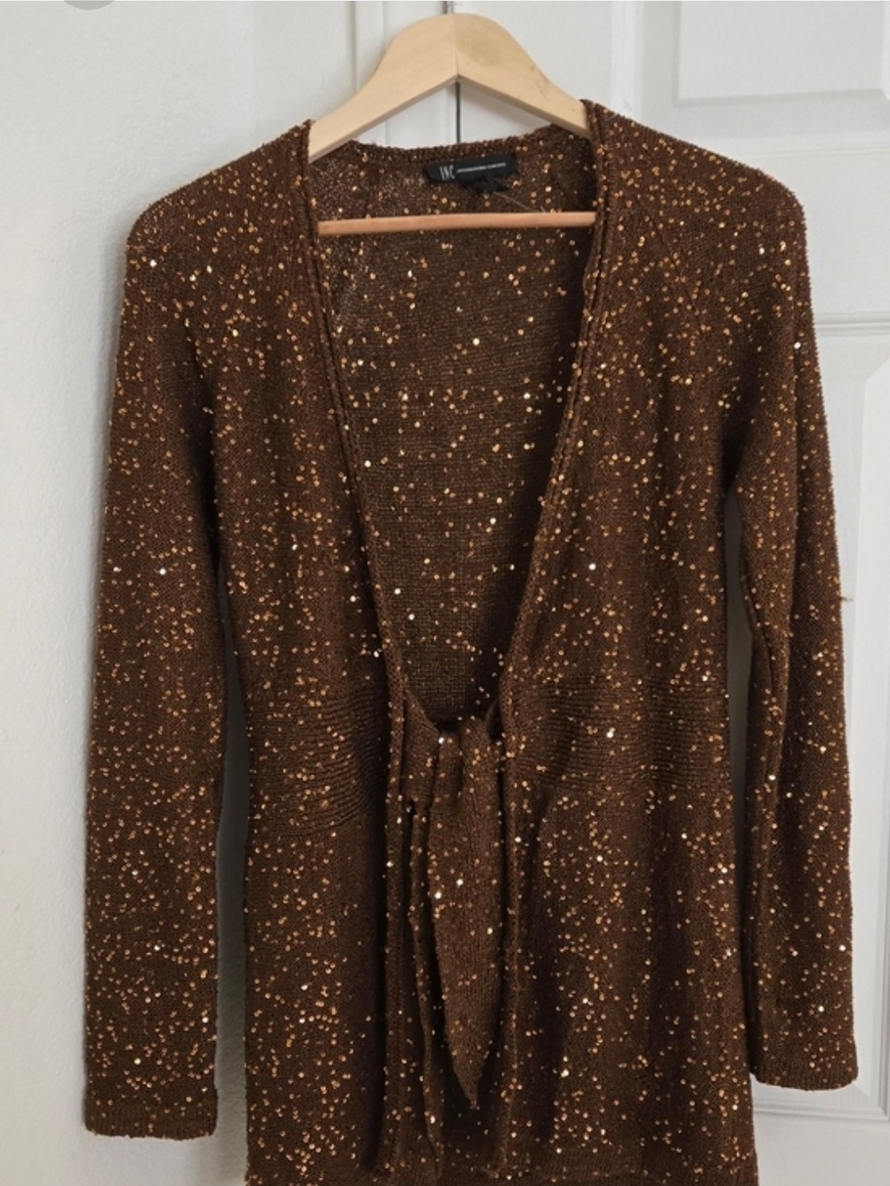 INC International Concepts Brown Sequin Tie-Front Cardigan Size Small